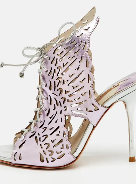 Sophia Webster Metallic Purple Laser Cut Foil Leather Cherub Winged Lace Up Mule Sandals Size 36