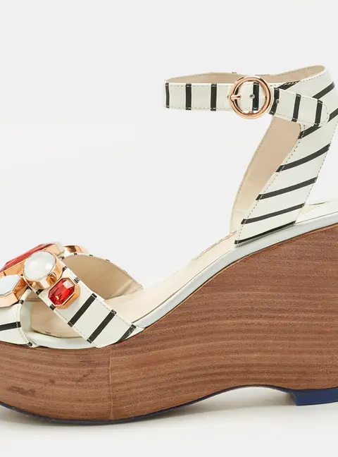 Sophia Webster White Leather Suki Gem Ankle Strap Wedge Sandals Size 40.5