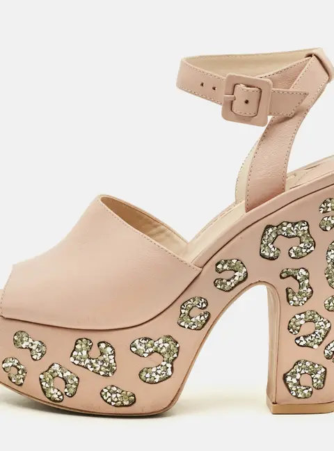 Sophia Webster Size 37 Pink Leather Platform Crystal Block Heel Sandals