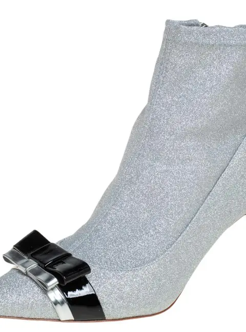 Sophia Webster Silver Glitter Fabric Andie Bow Ankle Booties Size 38