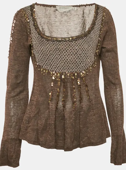 Sportmax Brown Embellished Lurex Knit Long Sleeve Top L