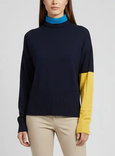 Sportmax Navy Blue Colorblock Knit Turtle Neck Sweater L