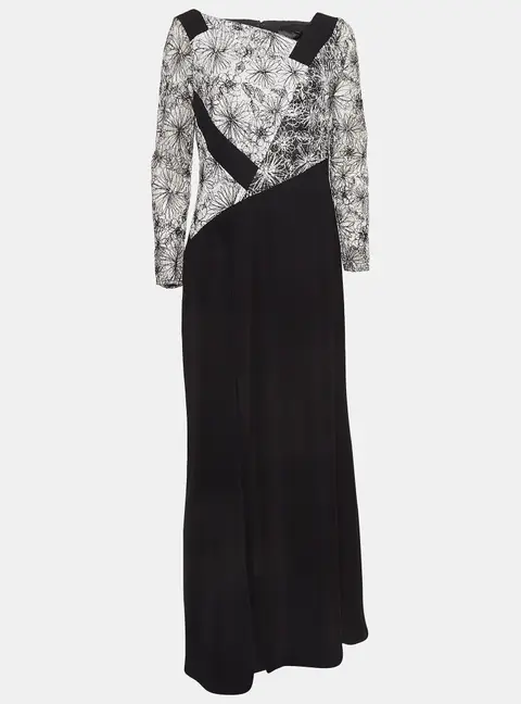 Tadashi Shoji Black/White Floral Embroidered Tulle and Crepe Maxi Dress L