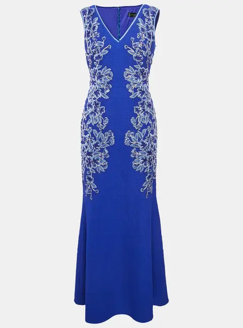 Tadashi Shoji Blue Floral Embroidery Textured Crepe Sleeveless Gown S