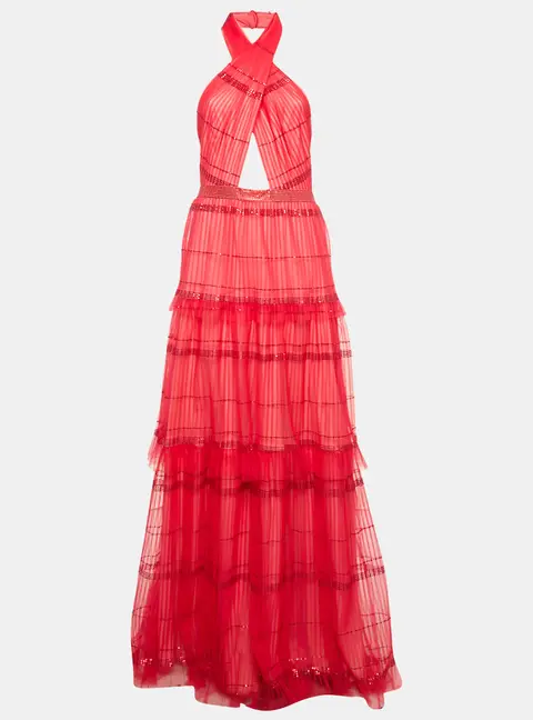 Tadashi Shoji Red Sequin Tulle Halter Neck Tiered Gown M