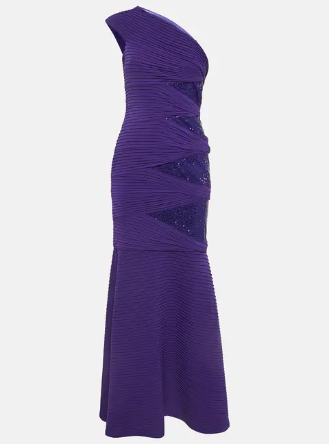 Tadashi Shoji Purple Pintuck Jersey Sequin Detail One Shoulder Gown XL