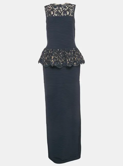 Tadashi Shoji Navy Blue Jersey Sleeveless Lace Trimmed Gown S