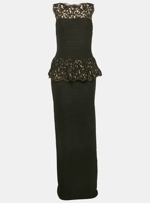 Tadashi Shoji Black Lace and Pleated Jersey Peplum Sleeveless Gown M