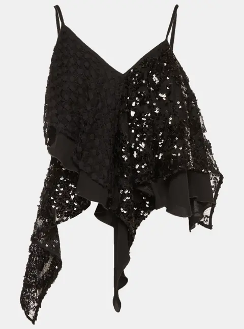 The Attico Black Sequin Embellished Crepe Asymmetric Thelma Top M
