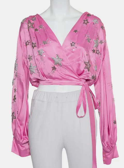 Attico Pink Satin Bead Embellished Wrap Blouse S