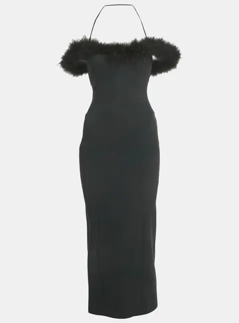The Attico Black Feather Trim Jersey Midi Dress XS