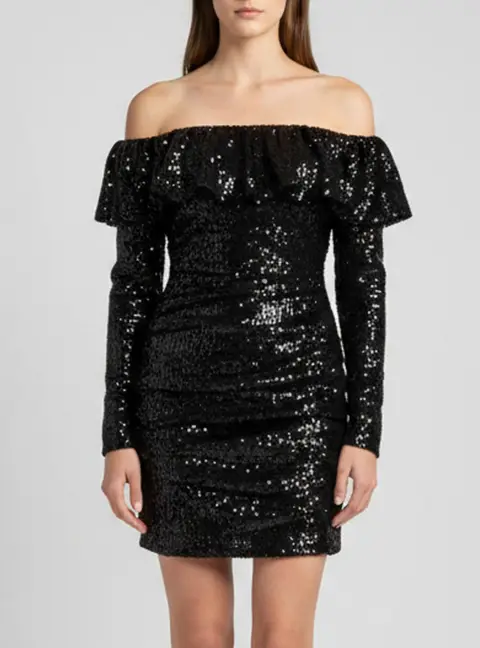 The Attico Black Sequined Off Shoulder Ruched Mini Dress M
