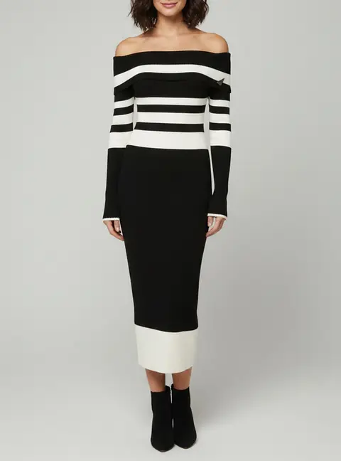 The Attico Black/White Striped Knit Off Shoulder Amilia Midi Dress S
