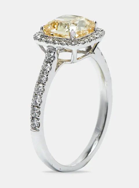 2.00 cts Yellow Cushion Cur and Round Lab Grown Diamond 18k White Gold Ring Size 51