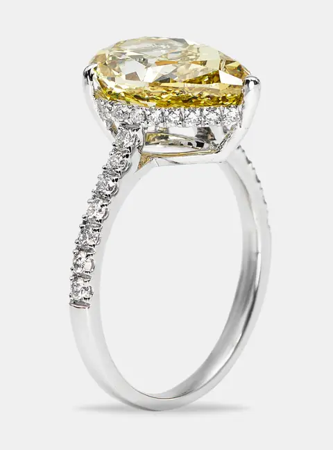 4.50 cts Yellow Pear and Round Lab Grown Diamond 18k White Gold Ring Size 52