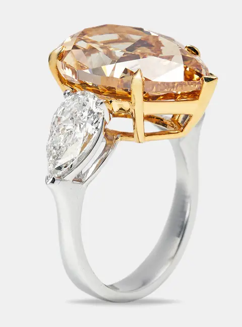 13.16 cts Orange Pear Lab Grown Diamond 18k Two Tone Gold Ring Size 52