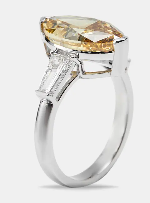 6.25 cts Yellow Marquise and Trapezoid Lab Grown Diamond 18k White Gold Ring Size 53