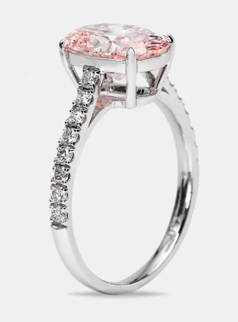 2.30 cts Pink Oval and Round Lab Grown Diamond 18k White Gold Ring Size 51