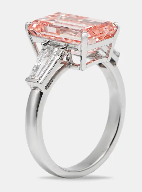 5.80 cts Pink Emerald and Trapezoid Lab Grown Diamond 18k White Gold Ring Size 53