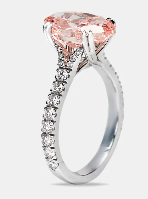 4.80 cts Pink Oval Cut and Round Lab Grown Diamond 18k White Gold Ring Size 53