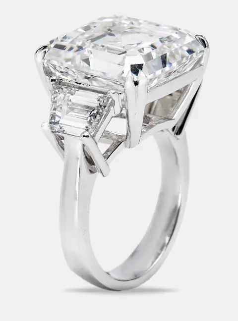 18.50 cts Asscher Cut and Trapezoid Lab Grown Diamond 18k White Gold Ring Size 53