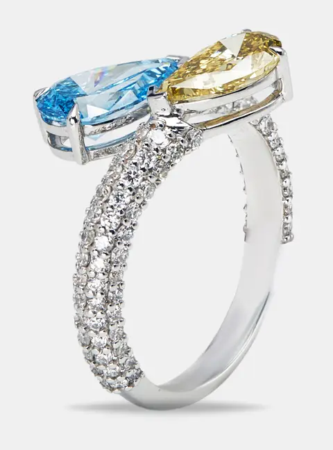 3 cts Fancy Color Pear and Round Lab Grown Diamond 18k White Gold Ring Size 52