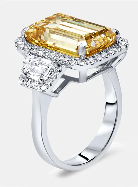 11.6 cts Yellow Emerald Cut and Round Lab Grown Diamond 18k White Gold Ring Size 52