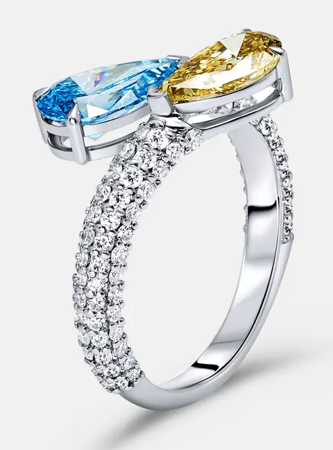 3 cts Fancy Color Pear and Round Lab Grown Diamond 18k White Gold Ring Size 53