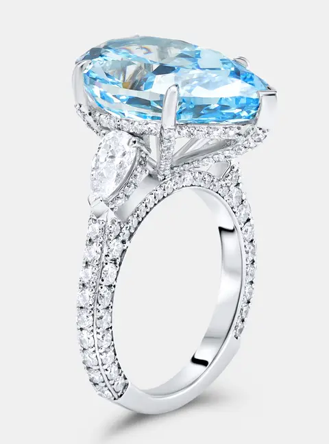 13.3 cts Fancy Blue Pear Brilliant and Round 18k White Gold Lab Grown Diamonds Ring Size 51