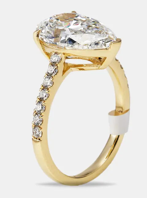 4.3 cts Pear and Round Lab Grown Diamond 18k Yellow Gold Ring Size 53