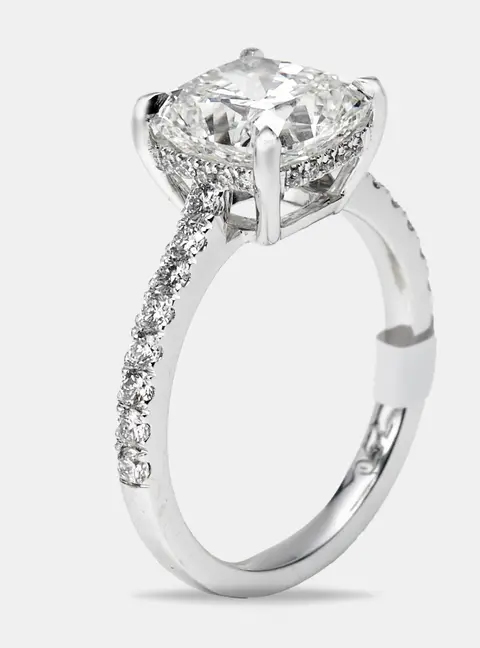 3.4 cts Cushion and Round Lab Grown Diamond 18k White Gold Ring Size 54