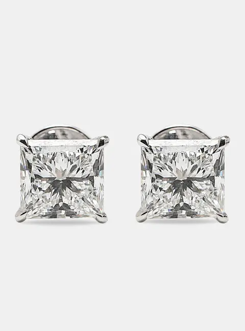 6.00 cts Princess Cut 18k White Gold Lab Grown Diamonds Solitaire Stud Earrings