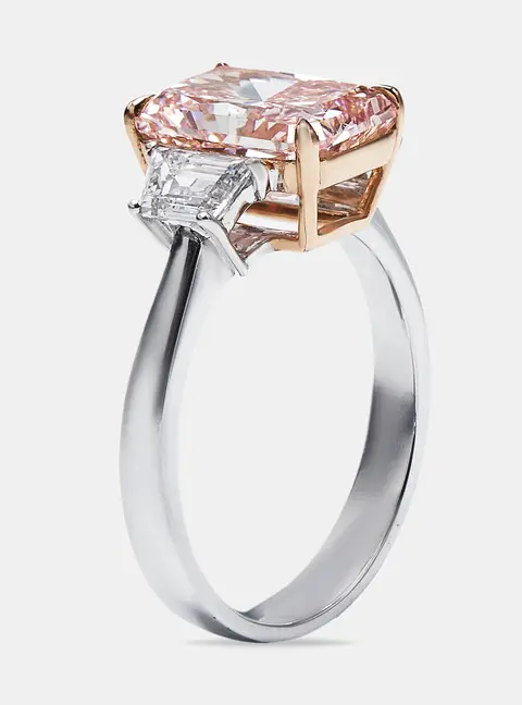 3.70 cts Pink Radiant Cut and Baguette 18k Two Tone Gold Lab Grown Diamonds Ring Size 52