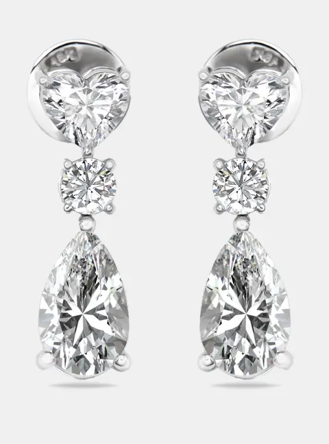3.7 cts Pear, Round and Heart Lab Grown Diamond 18k White Gold Earrings
