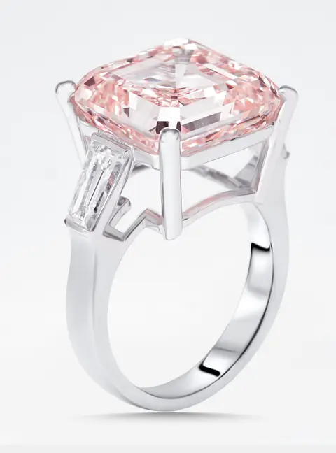 13 cts Pink Asscher, Trapezoid Lab Grown Diamonds 18k White Gold Ring Size 51