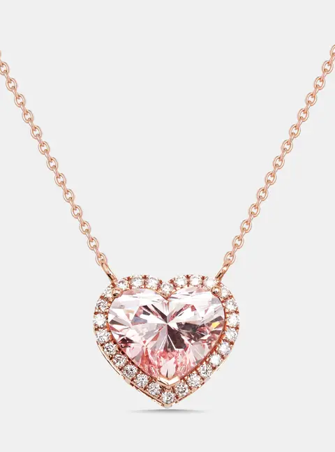 3.8 Cts Pink Heart, Round Lab Grown Diamonds 18k Rose Gold Necklace
