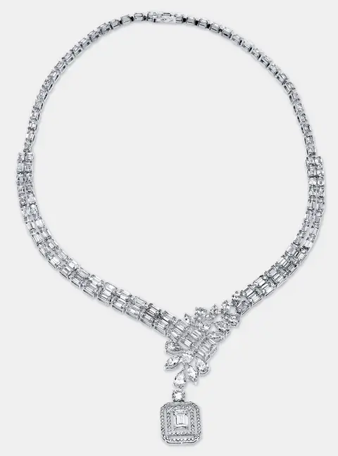 41.9 Cts Pear Emerald Marquise Round 18K White Gold Lab Grown Diamonds Necklace