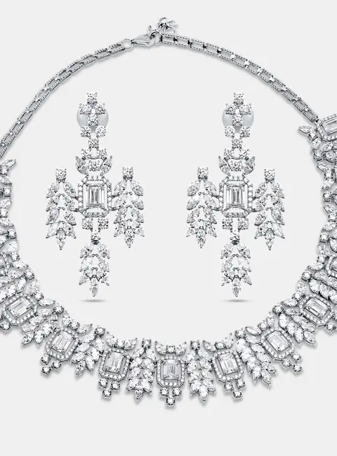 55.46 Cts Marquise Round Emerald 18K White Gold Lab Grown Diamonds Necklace Set