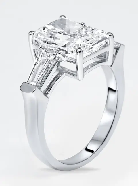 4.8 cts Radiant Trapezoid Lab Grown Diamond 18k White Gold Ring Size 54