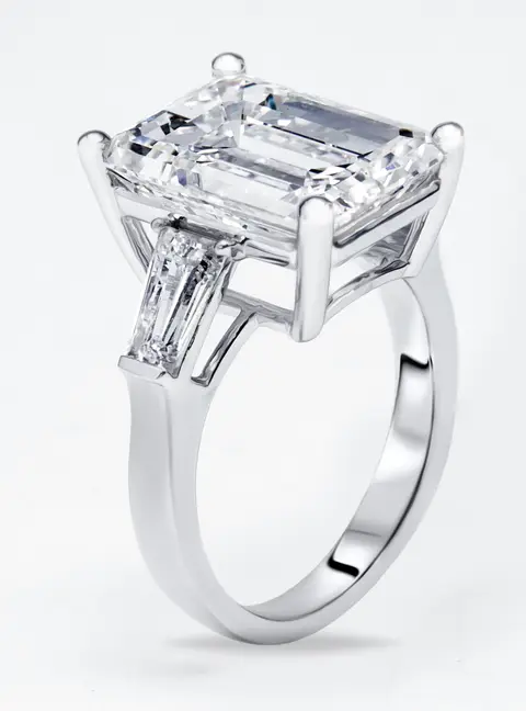 10 cts Emerald Cut Trapezoid Lab Grown Diamond 18k White Gold Ring Size 54