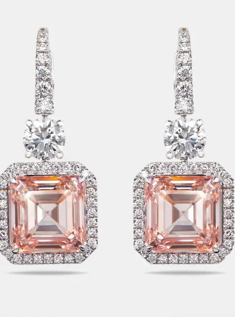 23.4 cts Pink Asscher Cut Round Lab Grown Diamonds 18k White Gold Earrings