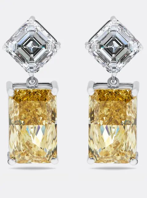 28.2 cts Fancy Yellow Radiant Asscher Lab Grown Diamonds 18k White Gold Earrings