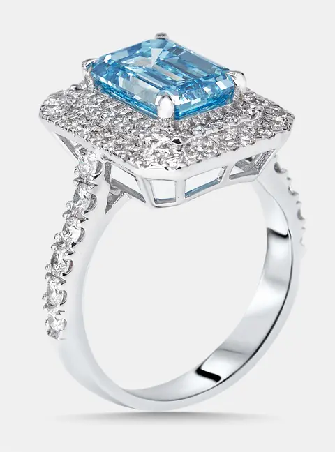 3.9 cts Vivid Blue Emerald, Round Lab Grown Diamonds 18k White Gold Ring Size 50