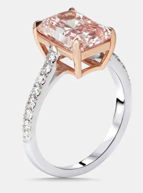 3.3 cts Pink Radiant, Round Lab Grown Diamonds 18k Two Tone Gold Ring Size 50