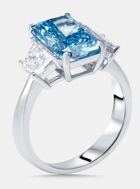 4 cts Vivid Blue Radiant, Trapazoid Lab Grown Diamonds 18k White Gold Ring Size 50