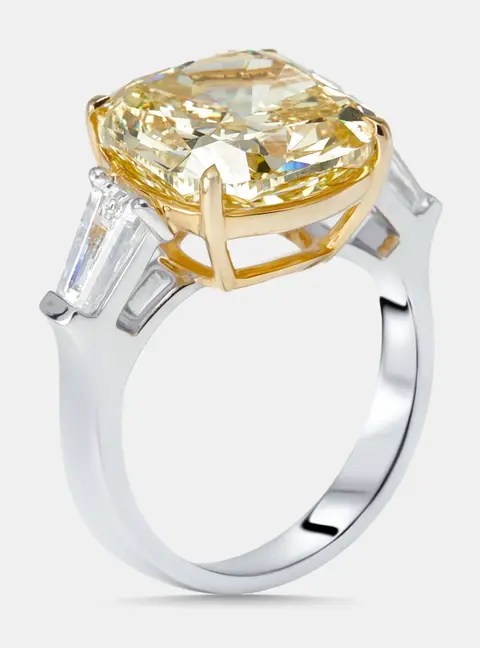 9.22 cts Fancy Yellow Cushion, Trapazoid Lab Grown Diamonds 18k Two Tone Gold Ring Size 51