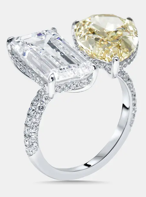 12.8 cts Fancy Yellow Pear, Emerald Cut, Round Lab Grown Diamonds 18k White Gold Ring Size 50