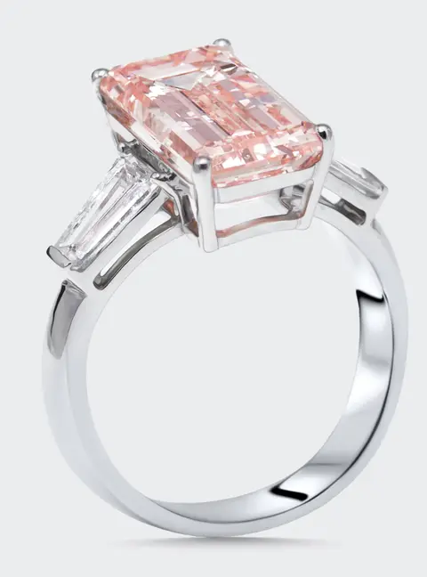 5.8 cts Pink Emerald Cut, Trapezoid Lab Grown Diamonds 18k White Gold Ring Size 50