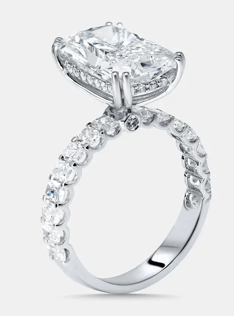 6.4 cts Radiant, Round Lab Grown Diamonds 18k White Gold Ring Size 52