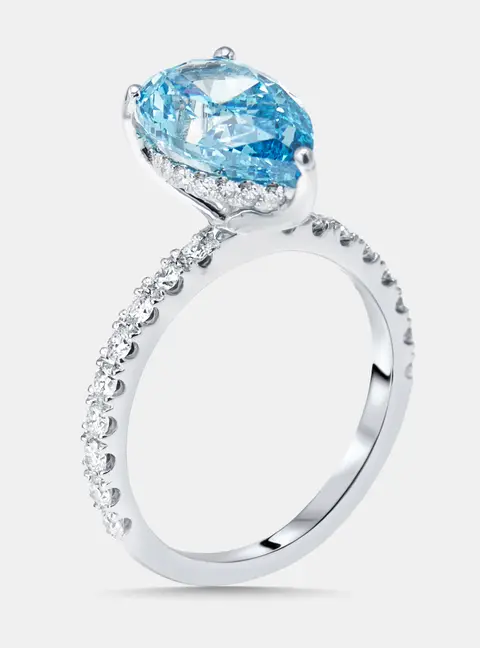 3.6 cts Vivid Blue Pear, Round Lab Grown Diamonds 18k White Gold Ring Size 53